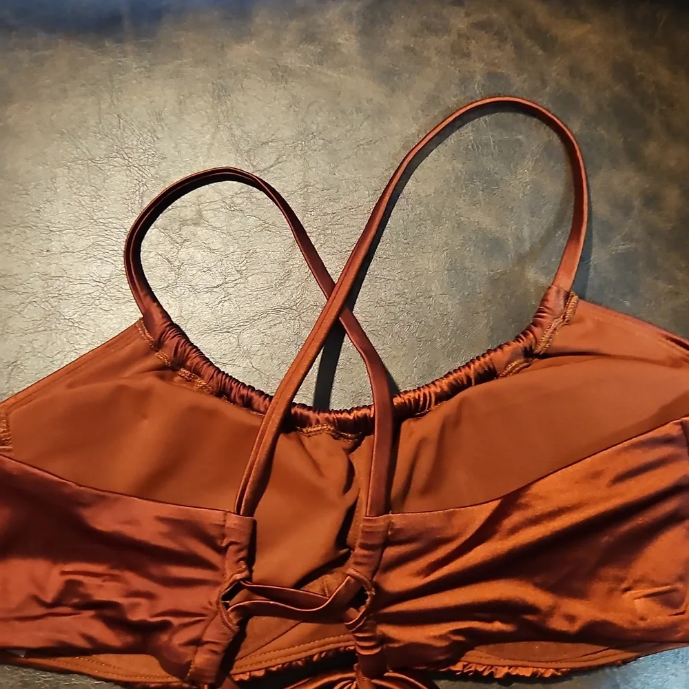 CALIA Scrunched Tie Back Bikini Top: Red Brown Shine: NEW WITH TAGS: SIZE XS_4